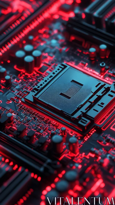 Liquid neon circuitry hums around a vigilant central socket