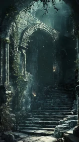 Ancient stone staircase in decayed gothic ruins at night.