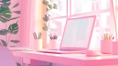 Soft pink minimalist workspace with sunlit laptop scene.