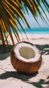 Bisected coconut on sand beach with palm fronds overhead.