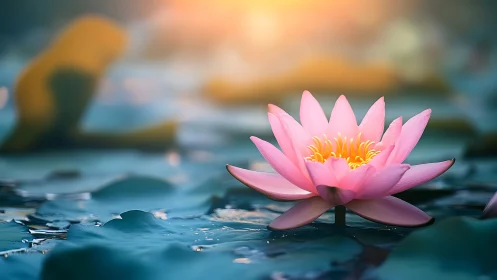 Serene pink water lily glows softly on a tranquil pond