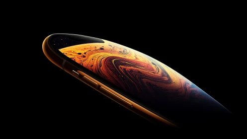 Liquid gold and amber swirl across sleek device surface.
