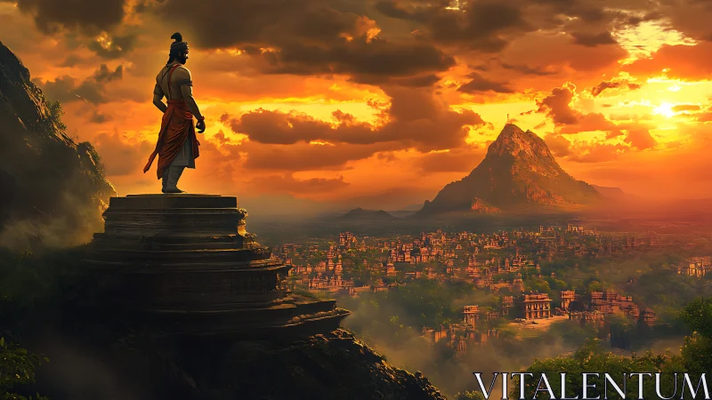 Warrior overlooks ancient valley city under blazing sunset