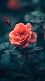 Radiant Coral Rose Blooming With Morning Dew Drops