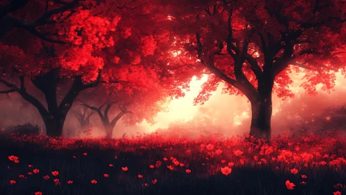 Luminescent Forest: Red Floral Landscape with Atmospheric Backlighting.