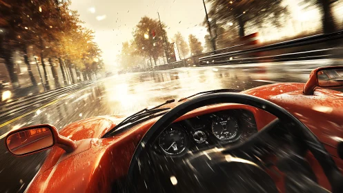 Rain-slashed red racer dives into a blazing autumn straightaway.