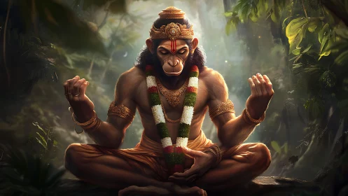 Simian deity in meditative lotus pose under dappled jungle light