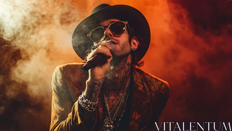 Tattooed rock singer holds microphone in vibrant stage smoke