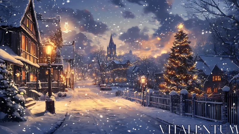 Snowy Christmas village street under glowing dusk sky.