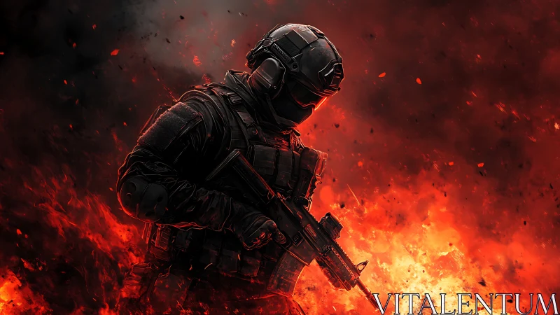 Armored soldier stands with rifle in dense red firestorm