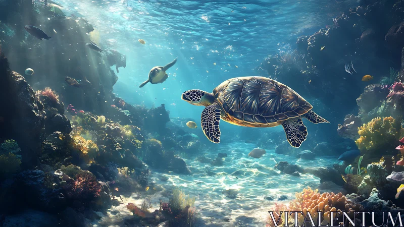 Sunlit sea turtles glide gently above a glowing coral reef