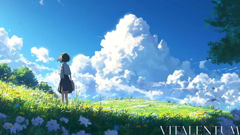 Girl observing cloud-filled sky above bright wildflower field.