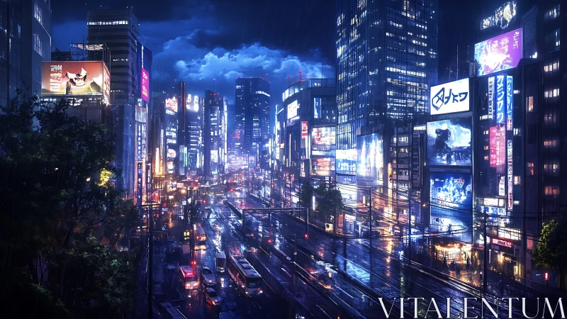 Neon rain paints a glowing city street with quiet energy