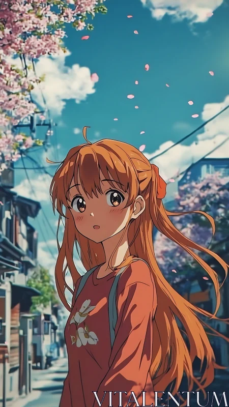 Springtime stroll with a shy girl under drifting blossoms.