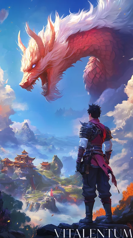 Warrior confronts celestial dragon above misty mountain realm