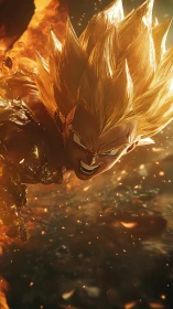 Golden haired anime warrior charging through firestorm.