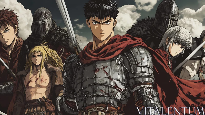 Armored anime warrior leading grim medieval battle group.