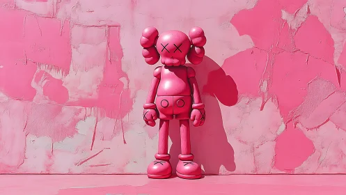 Monochrome vinyl figure against textured pink relief wall.