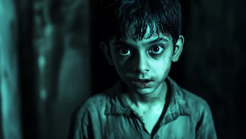 Young boy in dim teal lighting with wide-eyed expression.