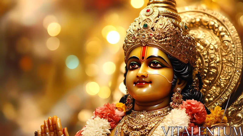 Hindu goddess statue adorned with gold jewelry and flowers.