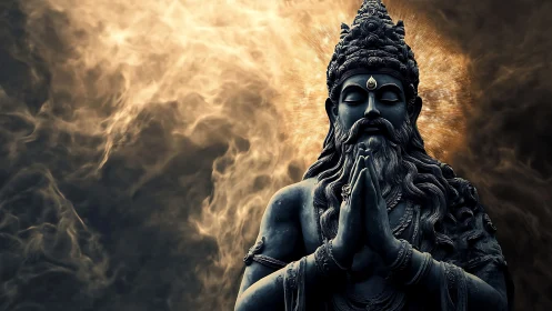 Golden light crowns a serene meditative stone deity