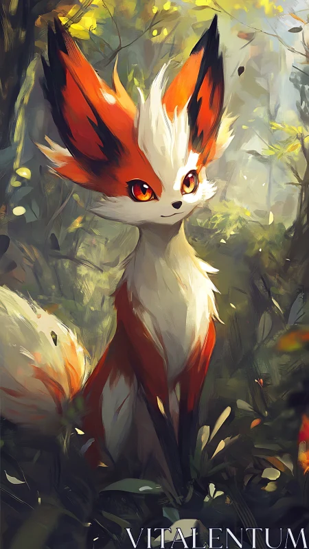 Bright-eyed fox creature enjoys a sunlit forest morning