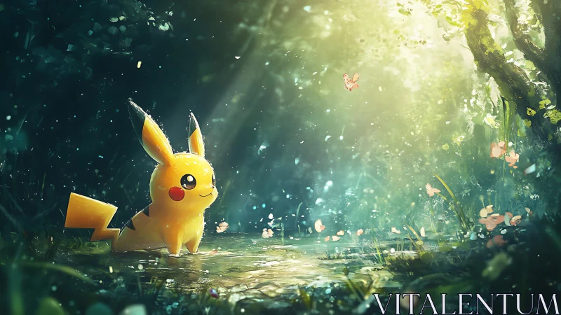 Pikachu observing butterflies in a softly lit forest pool.