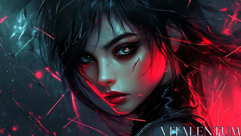 Chromatic cyber-noir portrait of scarred neon sentinel.