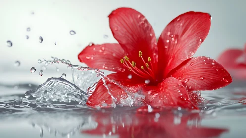 Crimson Flower Immersed in Water Splash Motion