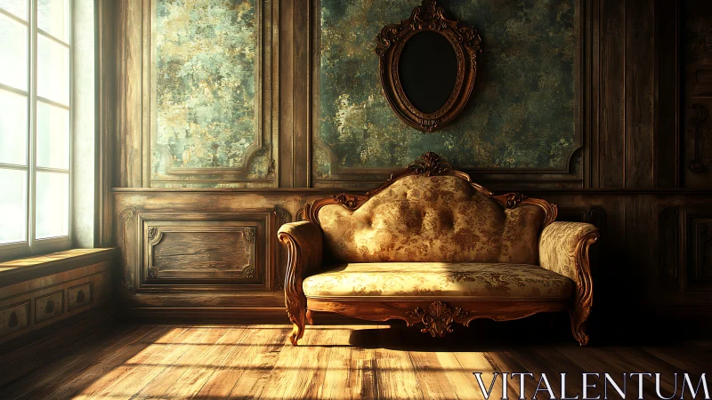 Sunlit baroque sofa dreams in a timeworn gilded salon.
