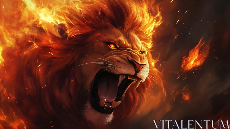 Roaring fiery lion head rendered in dynamic digital painting