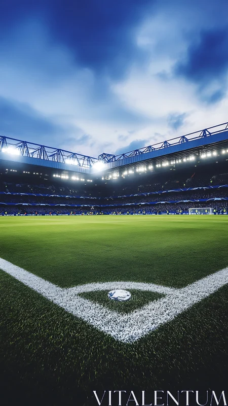 Night football stadium corner view with match-ready field.