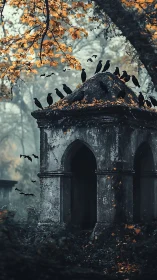 Crows gather on old stone mausoleum under autumn trees