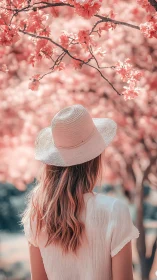 Woman in sun hat stands under soft pink flowering trees