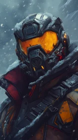 Armored sci fi soldier in snow with reflective visor.
