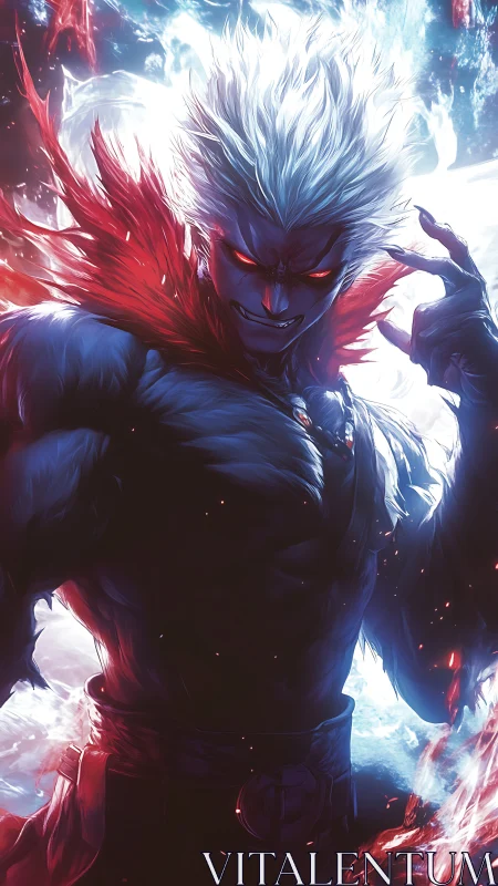 White-haired muscular figure stands in backlit energy field