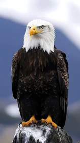 Bald eagle portrait on rock with shallow depth of field focus.