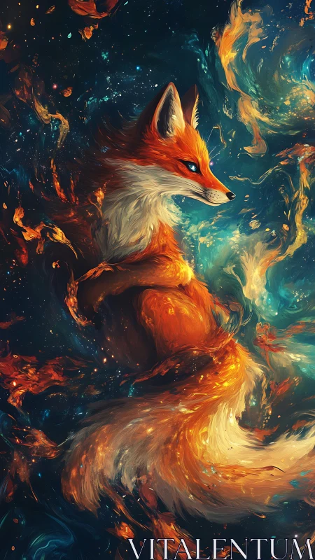 Celestial fire fox amid swirling nebulae and cosmic embers