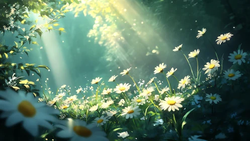 Sunlit wildflower glade with luminous drifting dust motes.