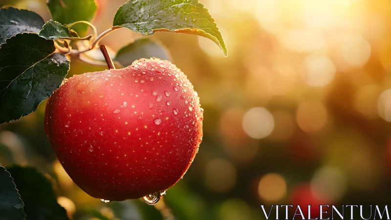 Macro study of dew-covered red apple with shallow depth-of-field