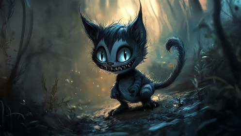 Sinister forest cat grins under cold backlit mist.