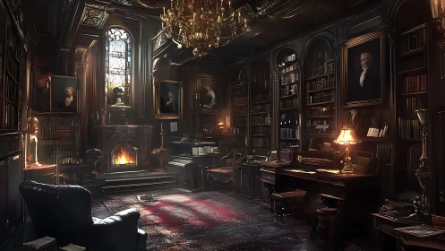 Dimly lit classical library interior with fireplace and desks.