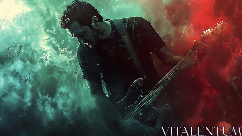 Guitarist immersed in cosmic red and teal stage clouds.