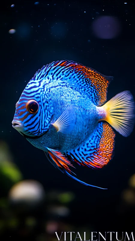 Vibrant blue discus fish glows against dark aquatic depth.
