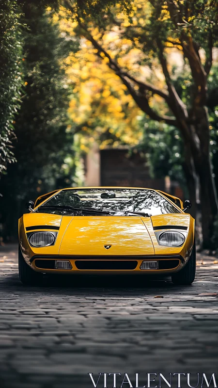 Front view classic yellow supercar on shaded cobblestone lane
