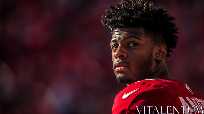 Focused football player glancing back with quiet resolve.