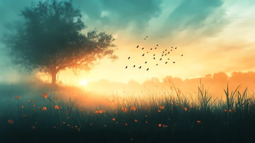 Dawn mist cradles wildflowers while birds script the sky