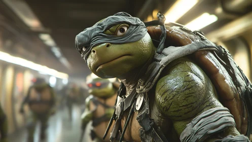 Anthropomorphic turtle figure in subway corridor environment.