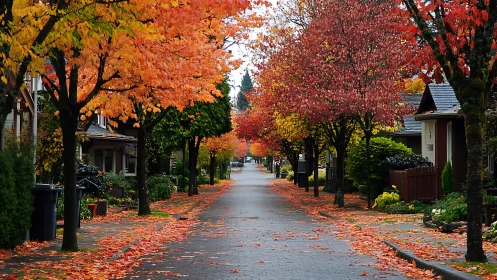 Quiet suburban avenue under vivid autumn foliage canopy.