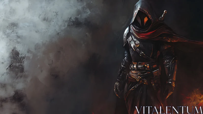 Shadow-cloaked rogue strides from embers into gathering storm.